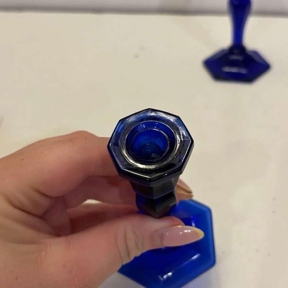 2 Candle Holders COBALT Blue Glass Hexagon Base